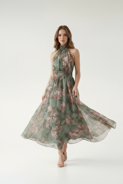Elara Floral Halter Maxi Dress
