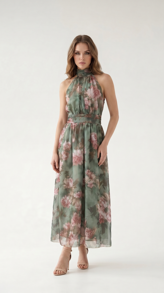 Elara Floral Halter Maxi Dress