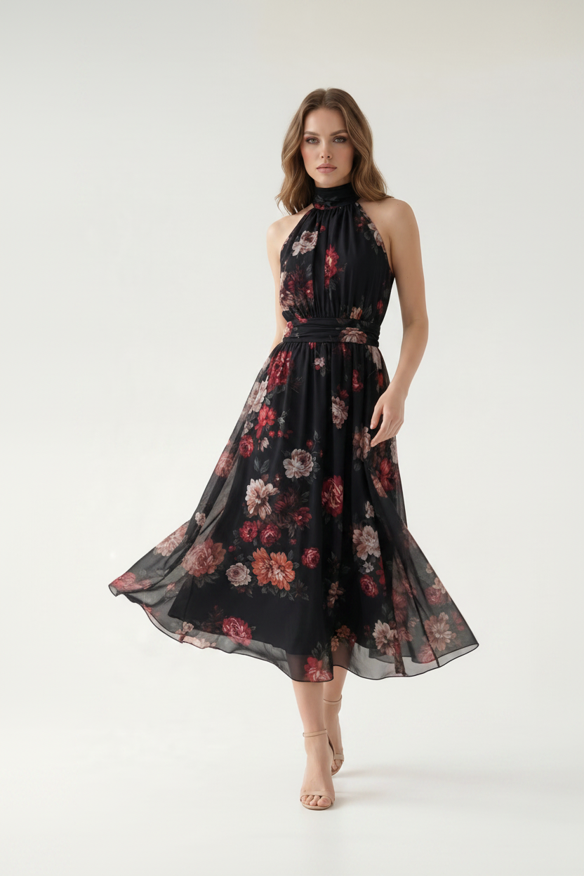 Elara Floral Halter Maxi Dress