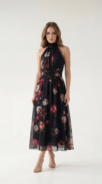 Elara Floral Halter Maxi Dress